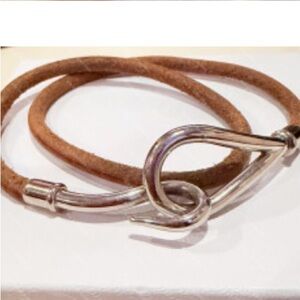 Hermes silver jumbo hook double tour brown leather bracelet authenticated classy